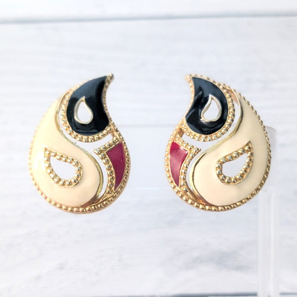 Vintage Avon Stud Earrings Large Teardrop Enamel Dark Blue, Cream, Red